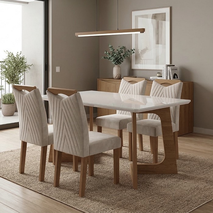 Conjunto Mesa com Vidro Dubai 120x90 com 4 Cadeiras Nevada Off White Cinamomo – Cel Móveis