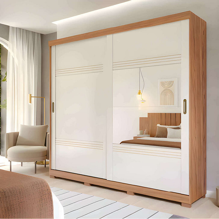 Guarda-Roupa Casal Com Espelho 2 Portas de Correr em MDF Panan Móveis Blumenau Cinamomo/Off White