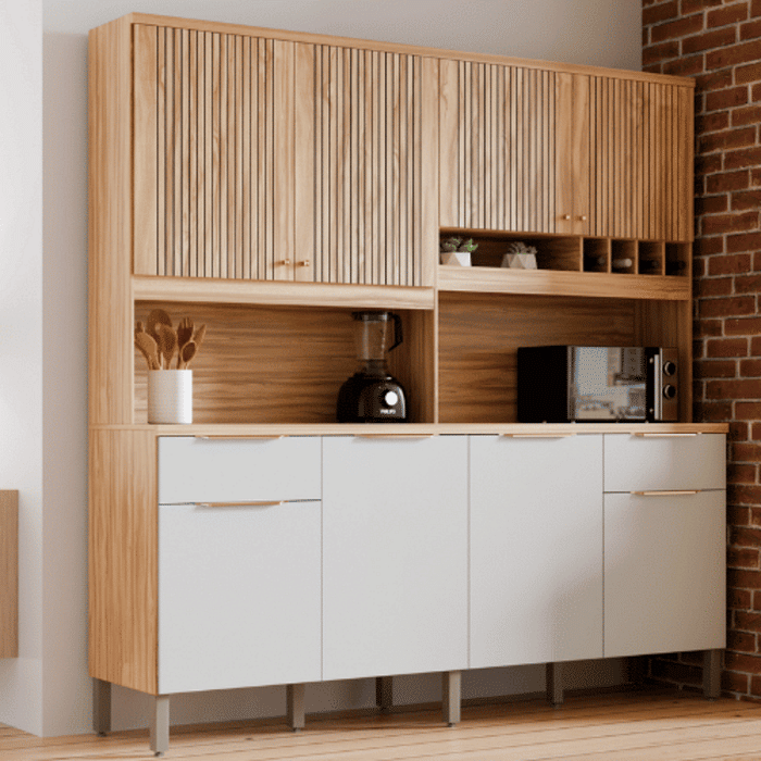 Armário de Cozinha Kit Ronipa MDF Concord 8 Portas 2 Gavetas Amêndoa/Off White