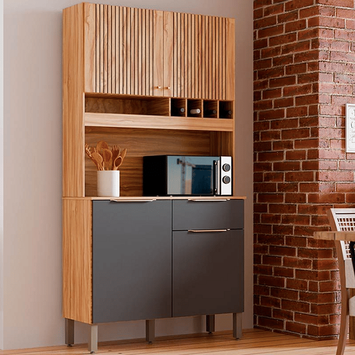 Armário de Cozinha Kit 4 Portas 1 Gaveta 100% MDF  Ronipa Moscato Amendoa/Chumbo