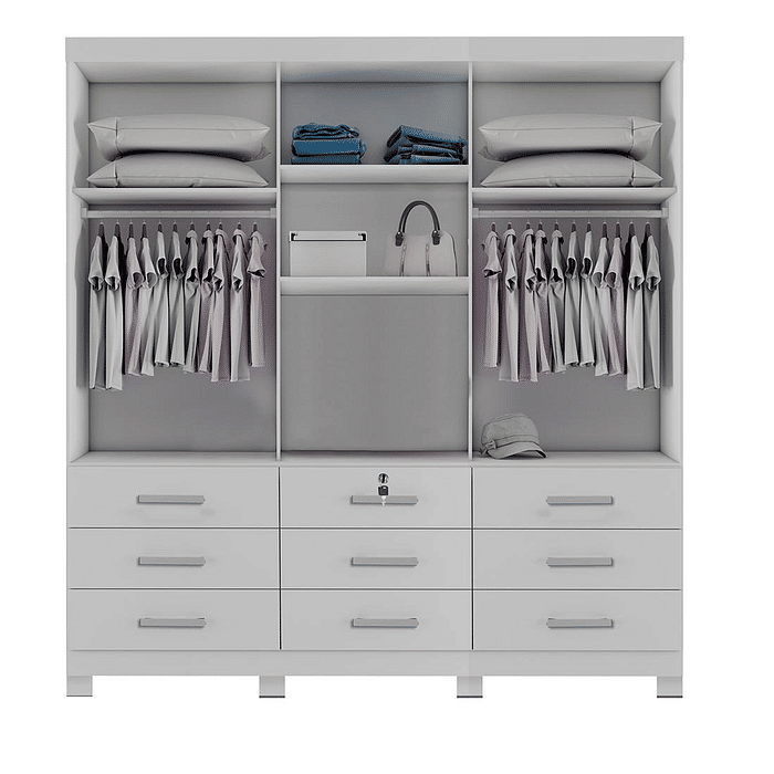 Guarda-Roupa Casal Athenas com Espelho 3 Portas 9 Gavetas Branco - Bianchi