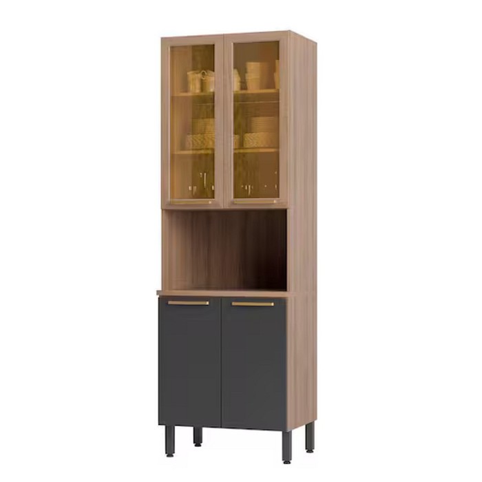 Paneleiro Torre Quente Avelã 70 cm 4 Portas, 02 com Vidro Reflecta, Telasul - Mel/Grafite