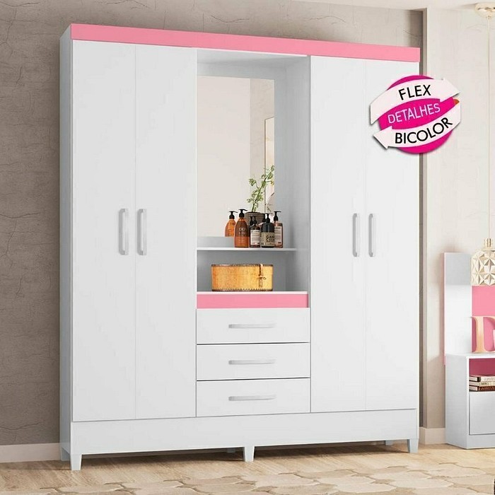 Guarda-Roupa Solteiro Com Espelho Capelinha Pérsia Branco/Rosa Flex  - Demobile