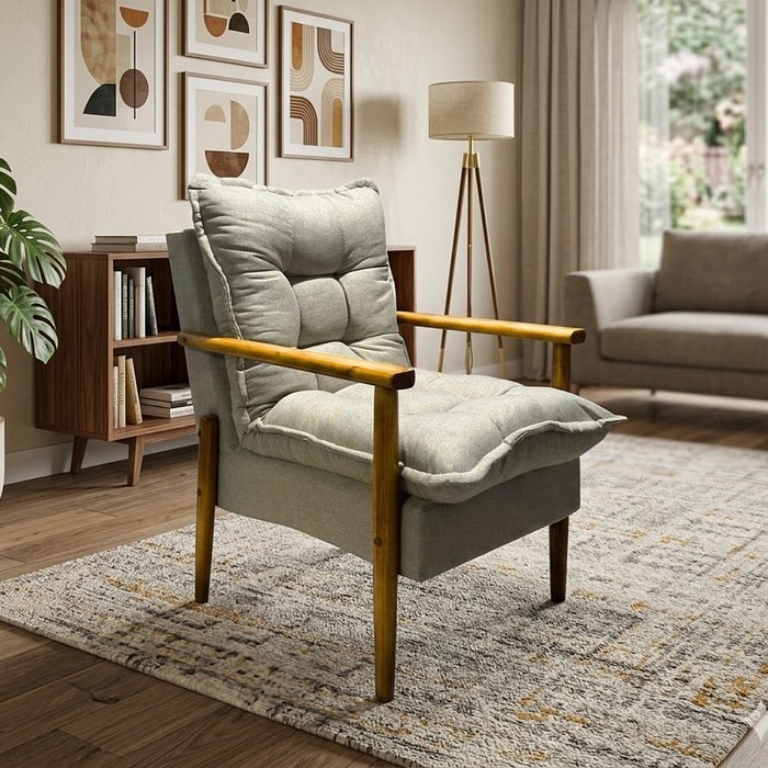 Poltrona Decorativa JF em 100% Fibra Siliconada Pés em Madeira - Tecido 167 Linho Bege