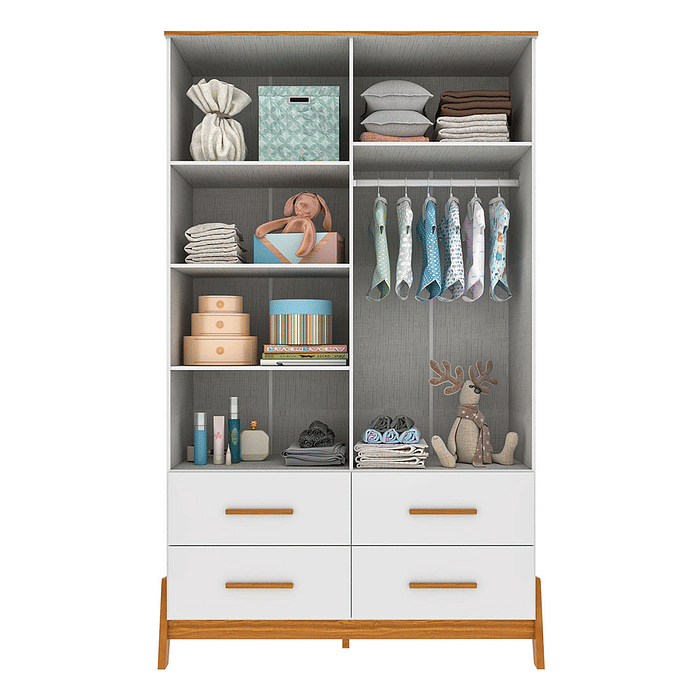 Guarda-Roupa Infantil 100% MDF 4 Portas Moveis Peroba Guti Branco Brilho/Amêndoa