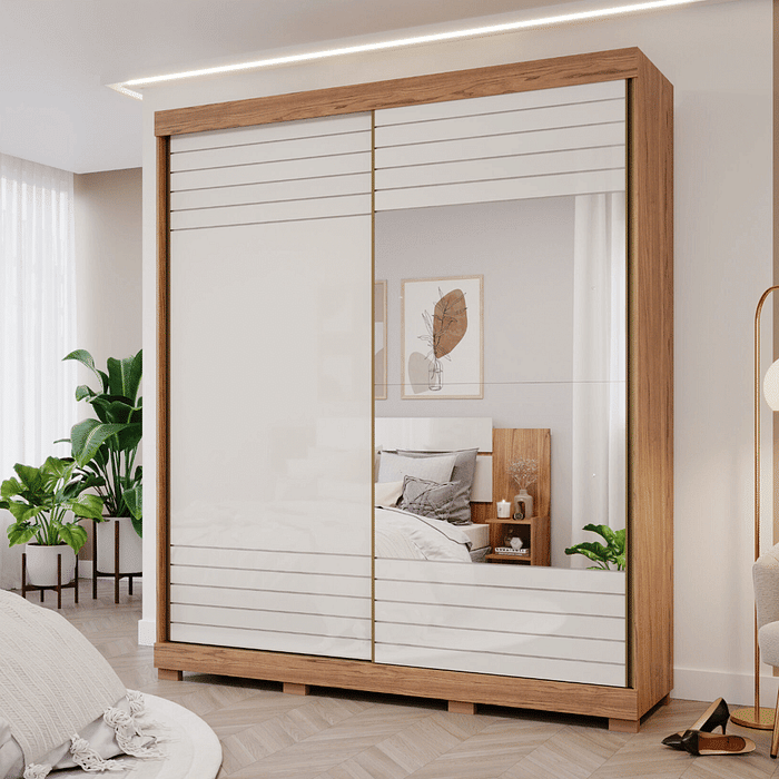 Guarda-Roupa Casal Com Espelho 2 Portas de Correr em MDF Panan Móveis Luana Cinamomo/Off White
