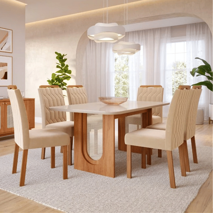Conjunto de Mesa de Jantar Cimol Valentina 180cm com 6 Cadeiras Paola Wood - Cinamomo/Off White