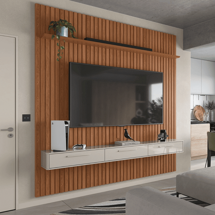 Painel Frisado Bali 2.4 para Tv até 75 Com Bancada Bali Jequitibá/off White - Lukaliam