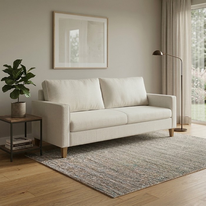 Sofá Chanel 3 Lugares com pés em Madeira de Eucalipto, Bege - Malu Estofados