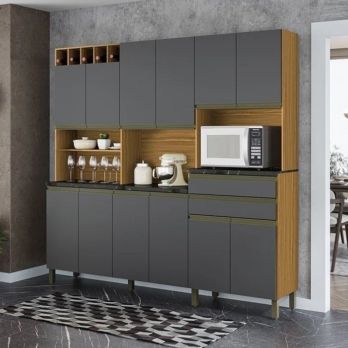 Armário de Cozinha Kit 12 Portas 2 Gavetas 100% MDF Ronipa Móveis Malbec Amendoa/Graffite