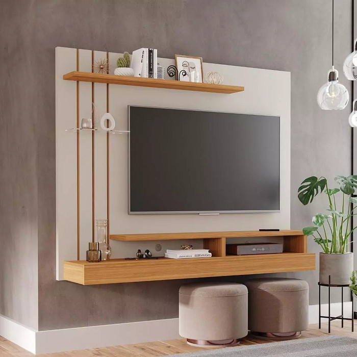 Painel para TV 50 Polegadas 2 Prateleiras Permobili Valencia Off White/Nature