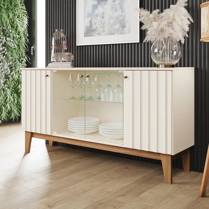 Buffet Aparador Eiffel 4 Portas Henn Off White/Nature - Ripado e Vidro