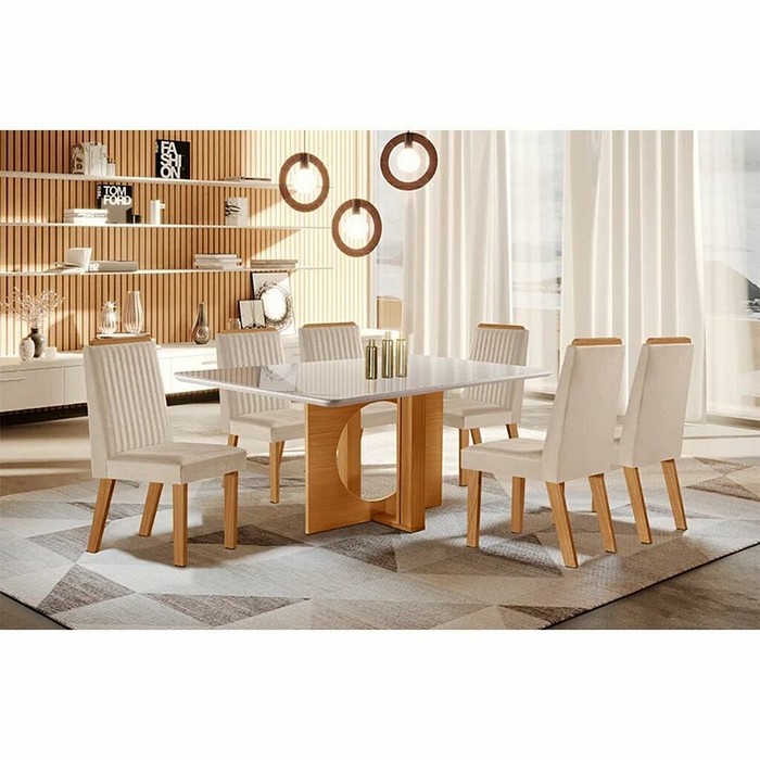 Conjunto Mesa Firenze 160x80cm com 6 Cadeiras Riviera Castanho/Off White Sued 164- LJ Móveis 