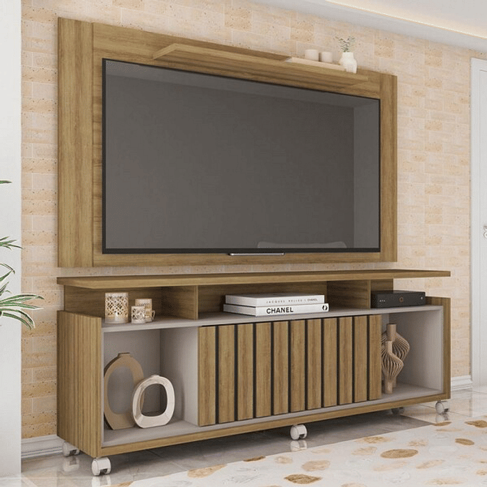 Rack Com Painel Para Tv Até 55 Polegadas Oasis 1 Porta Frisada Lamina Mel/Cacao - Caemmun