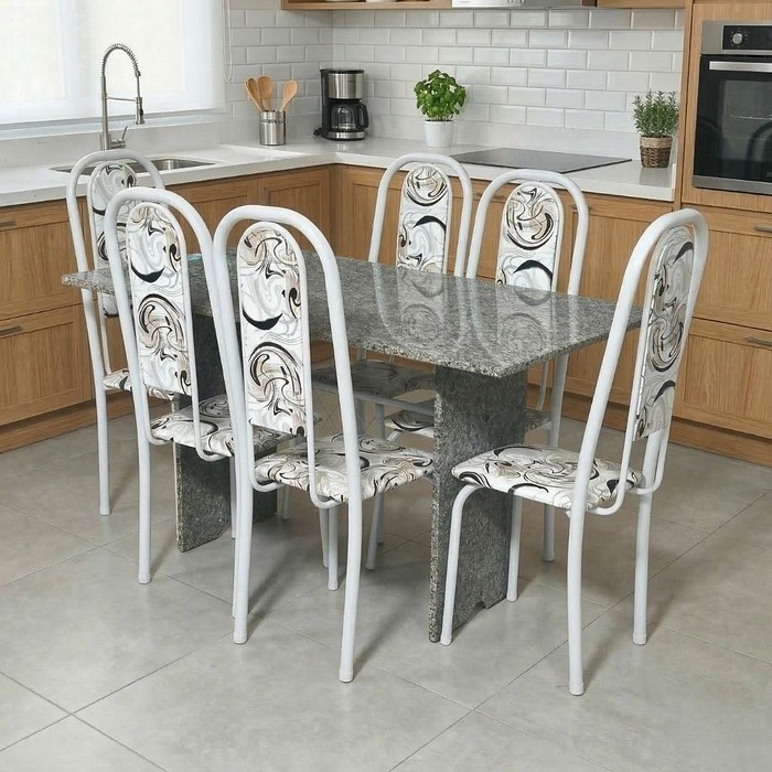 Conjunto Mesa 6 Cadeiras Tubular Lavínea 140x75cm - Branco - Tampo e Pés em Granito