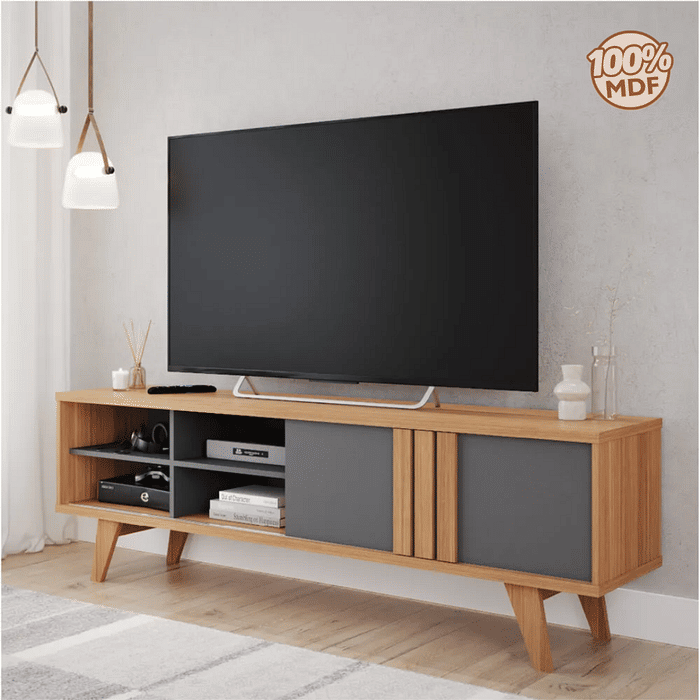 Rack para Sala Retrô TV 75 Polegadas em MDF Permobili Paraty Nature/Grafite