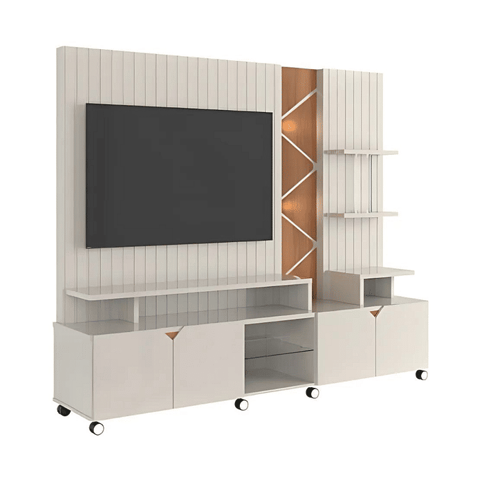 Estante Home TV de até 55 Polegadas com LED Cross cor Off White Perolizado/Jequitiba - Lukaliam