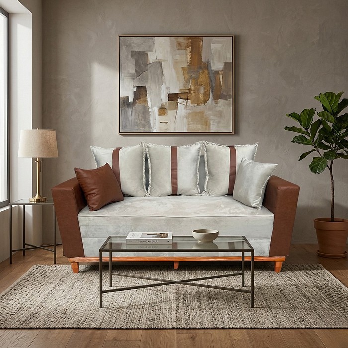 Sofá Montreal 1.60 2 Lugares Braço Couro Sintético - Veludo Bege