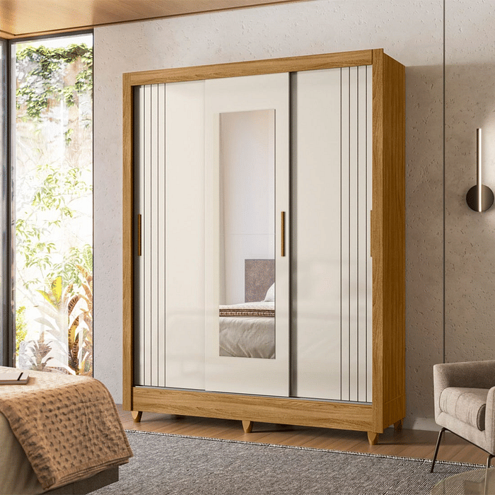 Guarda-Roupa com Espelho 3 Portas de Correr Bolívia Freijó/Off White Frisado - Moval