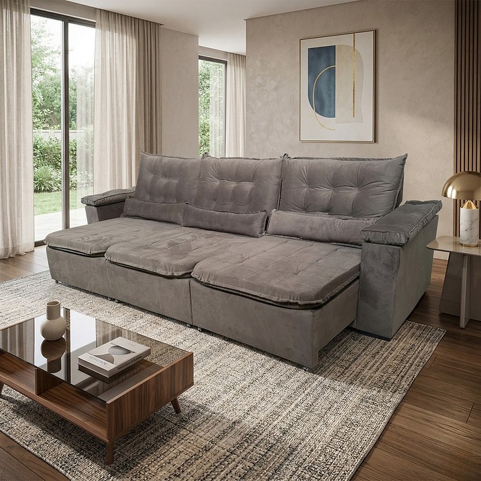 Sofá Retrátil Reclinável Moscou 3,00m Veludo Suede Espuma D28 - Marrom