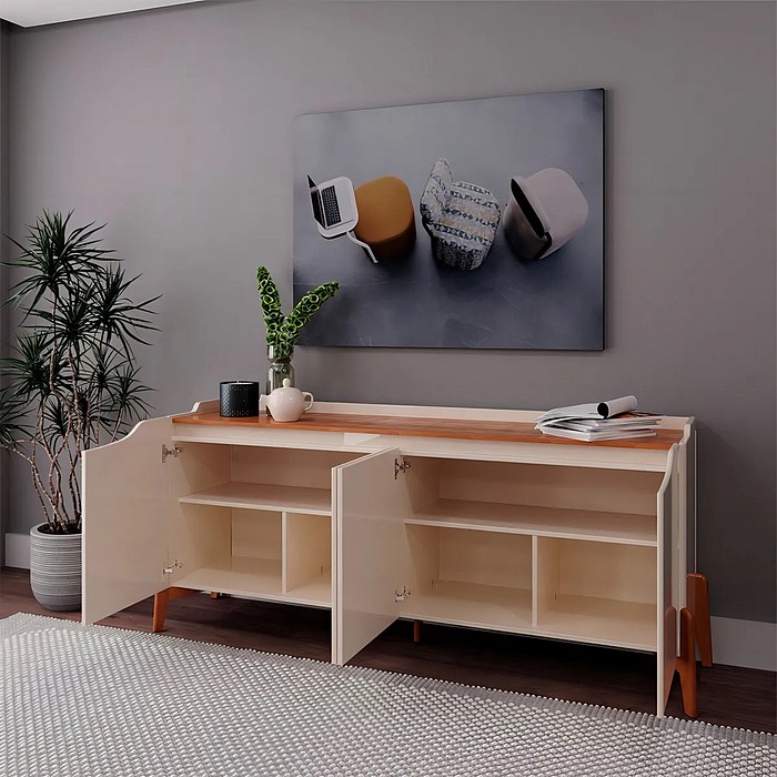 Buffet Studio 1.6m Imcal Off White/Nature 4 Portas 2 Prateleiras Pés Madeira Maciça Bordas Laqueadas