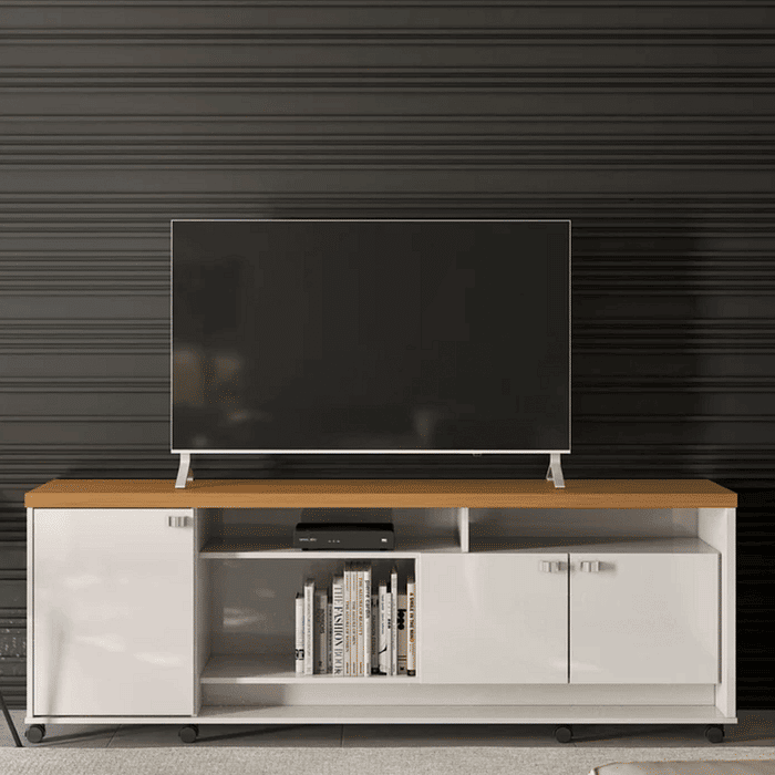 Bancada Rack para Sala Dallas Off White/Tauari 3 Portas 2 Prateleiras e Rodízios - Lukaliam