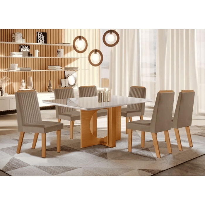 Conjunto Mesa Firenze 160x80cm com 6 Cadeiras Riviera Castanho/Off White Sued 163- LJ Móveis 