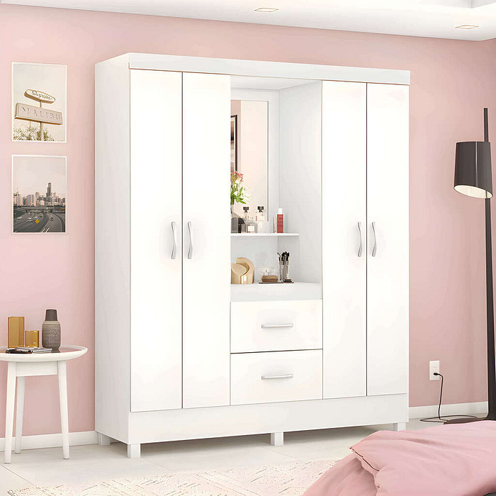 Guarda-Roupa Solteiro Com Espelho Capelinha Lord Branco/Rosa Flex  - Demobile