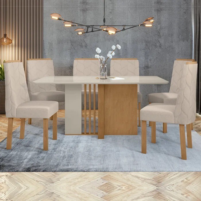 Conjunto de Mesa de Jantar Com 6 Cadeiras Lopas Astrid 160X80 Amendoa/Off White/ Linho Bege