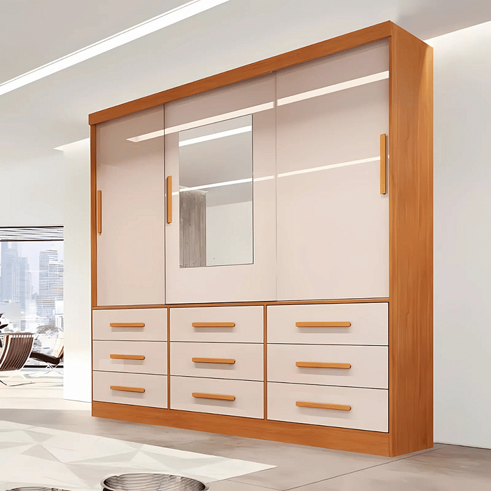 Guarda-Roupa Casal Athenas com Espelho 3 Portas 9 Gavetas Nature/Off White - Bianchi