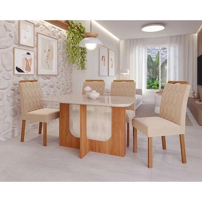 Conjunto de Mesa de Jantar Cimol Louise 130cm com 4 Cadeiras Paola Wood - Cinamomo e Off White