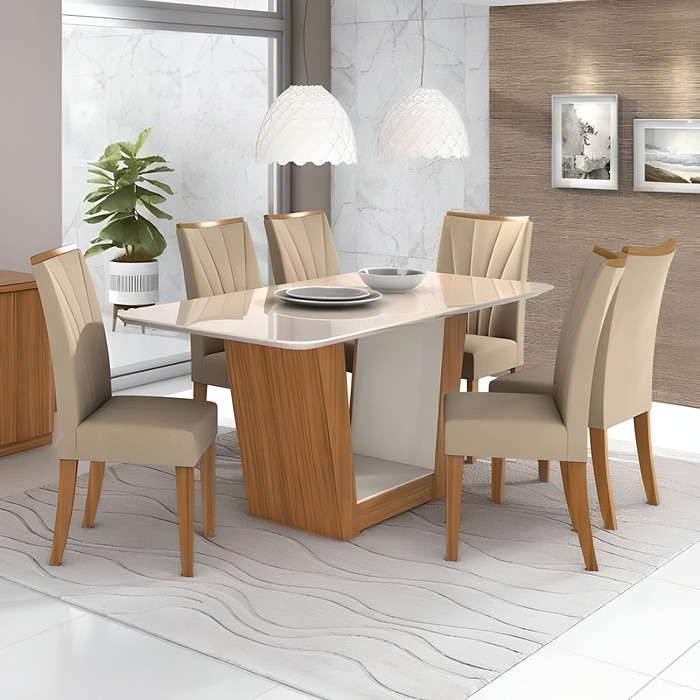 Mesa de Jantar com 6 Cadeiras Apogeu Tampo de Vidro/MDF 170x90 Amendo/Off White- Móveis Lopas