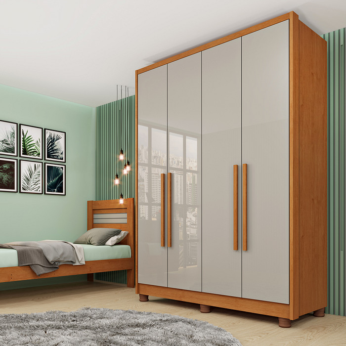 Guarda‑Roupa 4 Portas 2 Gavetas Dinamarca Cinamomo/Off White - Tcil Móveis