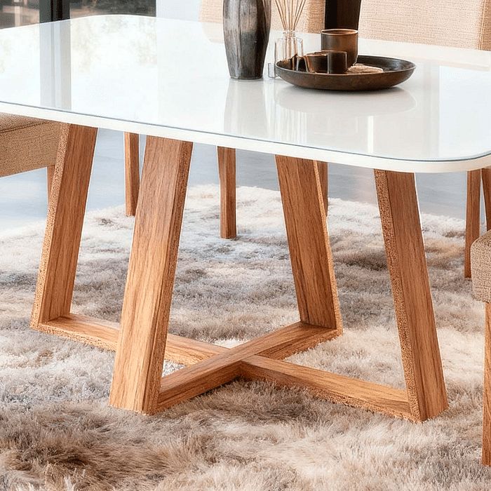 Conjunto Mesa Jantar 100% MDF Melina 180x90 com 6 cadeiras Melina Nature/Off White/Linho3025 - Bom Pastor