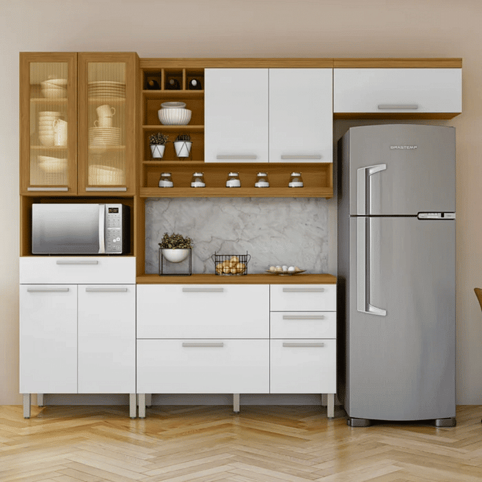 Cozinha Completa 100% MDF 4 Peças Nesher Burguesa Premium - Freijó/Branco