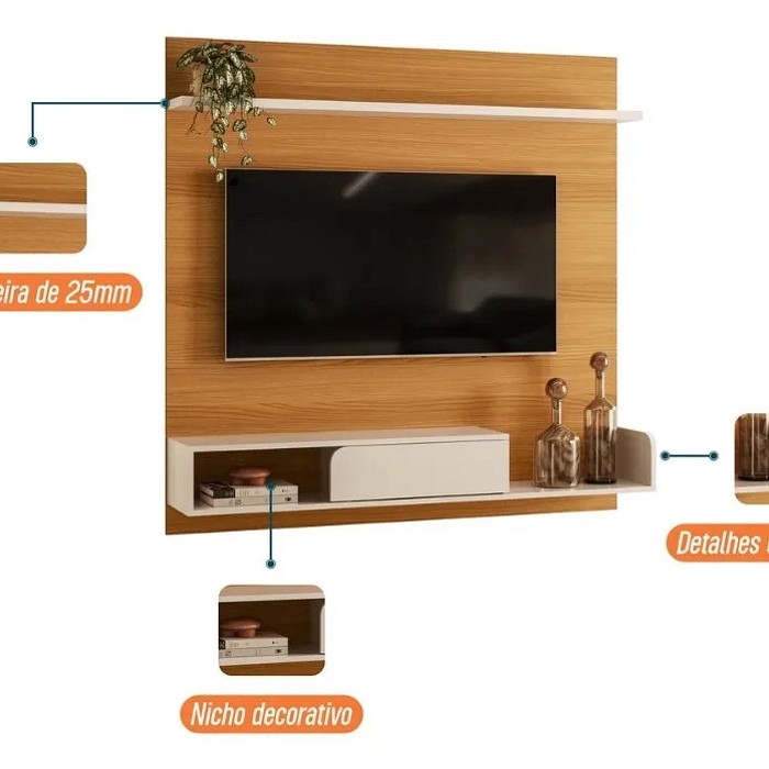 Painel para TV até 55 Polegadas Suspenso Evo 1.36 HB Móveis - Cinamomo/Off White