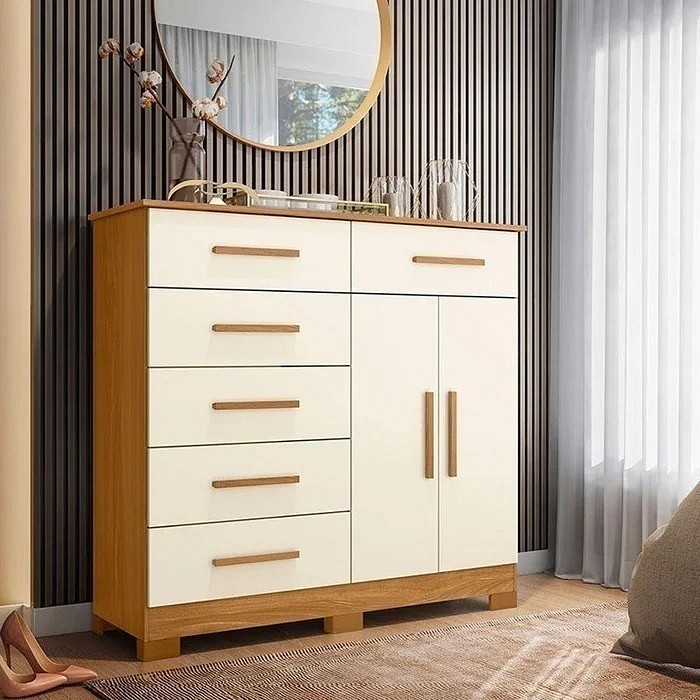 Cômoda 6 Gavetas 2 Portas New Xangai Carvalho Grife/Off White - Albatroz