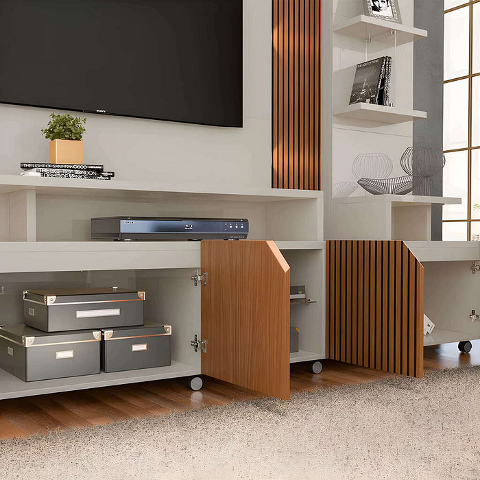 Estante Home Para TV 55 Polegadas com LED e Rodízios Lukaliam Cross Off White/Tauari Impressão 3D