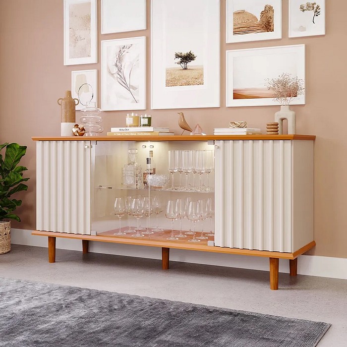 Buffet Aparador 4 portas 100% MDF, com Vidro Temperado Janice Cimol Cinamomo/Off White 