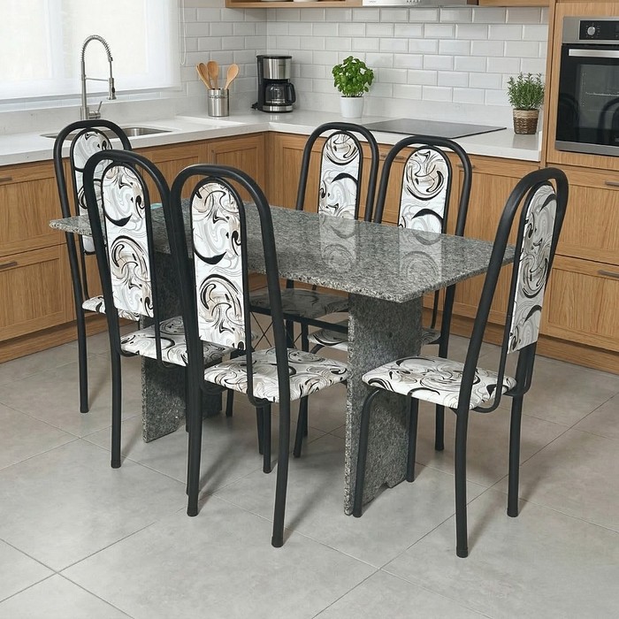 Conjunto Mesa 6 Cadeiras Tubular Lavínea 140x75cm - Preto - Tampo e Pés em Granito
