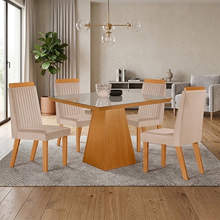 Conjunto Mesa Prada 90x90  com 4 Cadeiras Tampo Vidro LJ Móveis Castanho/Cinamomo Tec 164