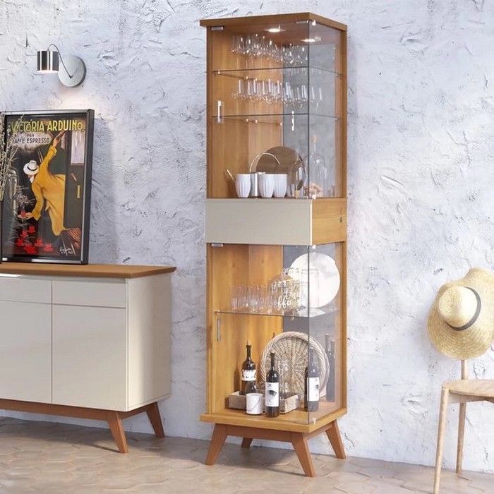 Cristaleira Nuance 1G 48cm Imcal Nature/Off White 3 Prateleiras Vidro 2 LED Integrados Pés Madeira Maciça