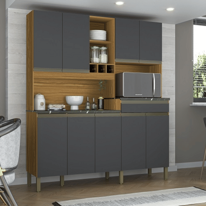 Armário de Cozinha Kit Em MDF 9 Portas 1 Gaveta Ronipa Merlot Perfil Amendoa/Chumbo