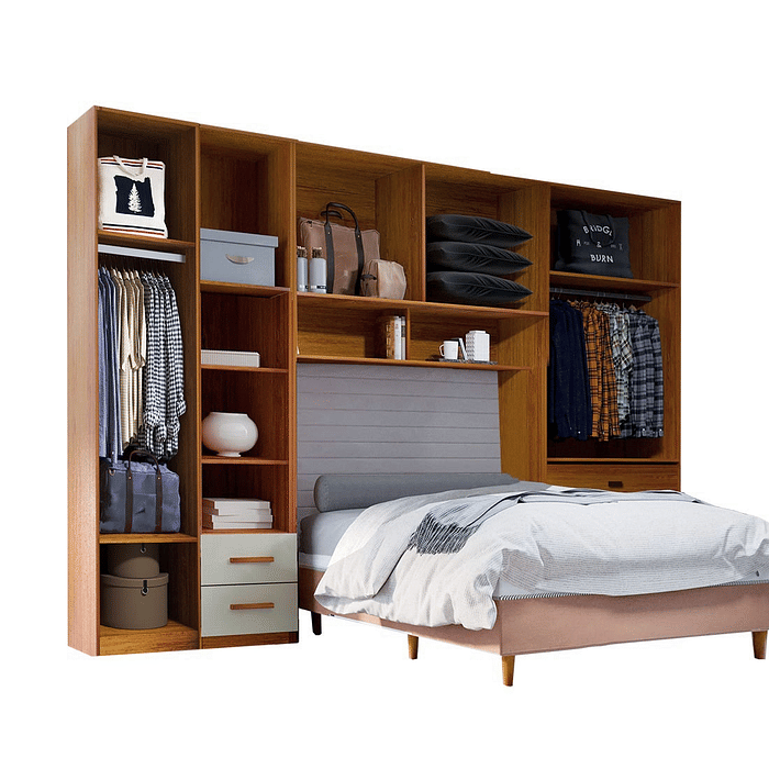 Guarda-Roupa Solteiro Modulado Tivoli 4 Peças 100% MDF com Mesa de Cabeceira, Natural/Bege - Bom Pastor