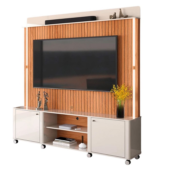 Estante Home Para TV 75 Polegadas com LED e Rodízios Lukaliam Florença Off White/Jequitiba Impressão 3D