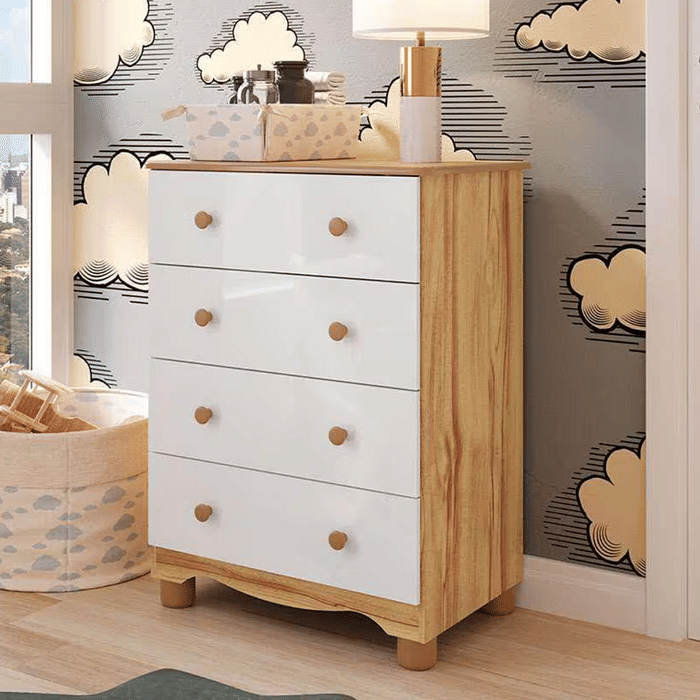 Cômoda para Quarto Infantil em MDF 4 Gavetas Peroba Junior Branco/Amendoa