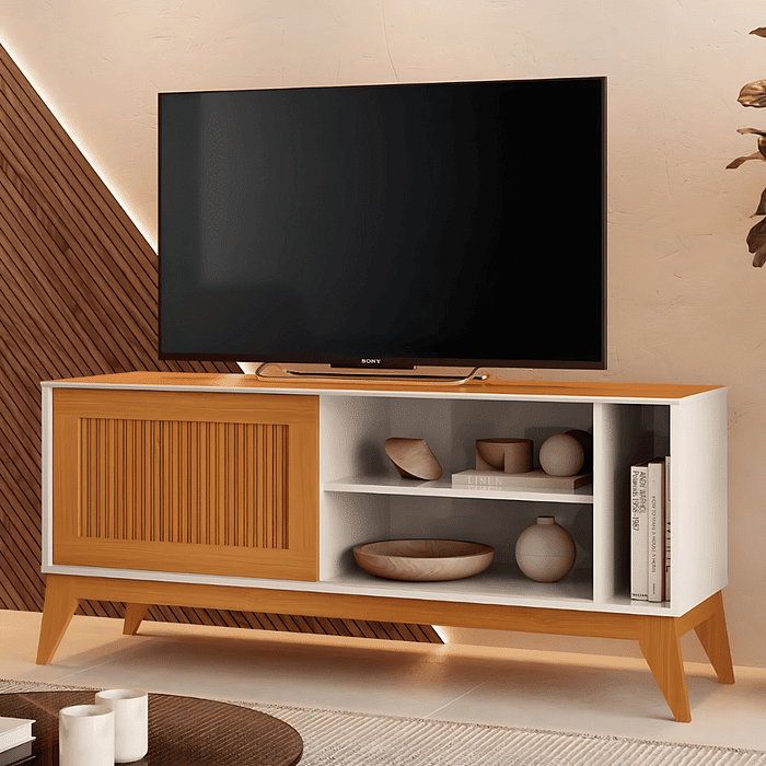 Rack para TV até 55 polegadas 1 Porta de Correr EDN Aruba - Off White/Cedro 