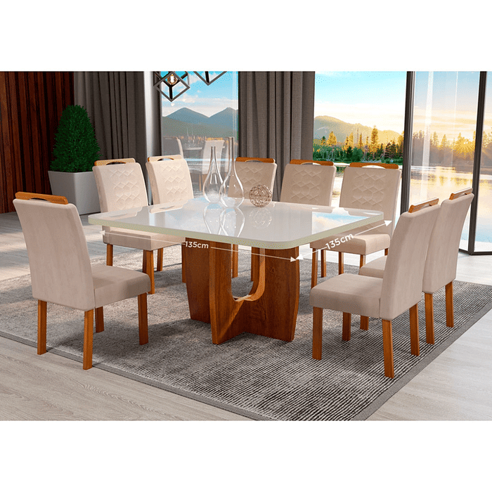 Conjunto Mesa Luxury 135x135 Tampo de Vidro com 08 cadeiras Stela Naturalle 3001 - Bom Pastor 