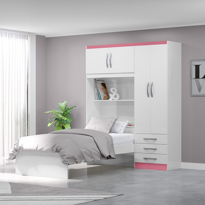 Guarda-Roupa Solteiro Com Cama 4 Portas MX Móveis Lisboa Branco/Rosa-Flex