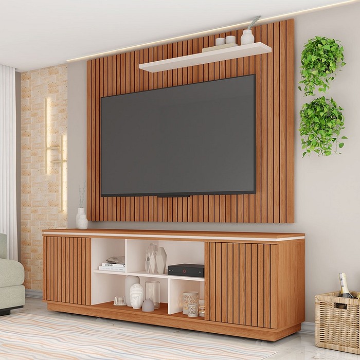 Rack com Painel para TV Até 75 Polegadas Simetria 2 Portas Frisado Freijo/Off White - Caemmun